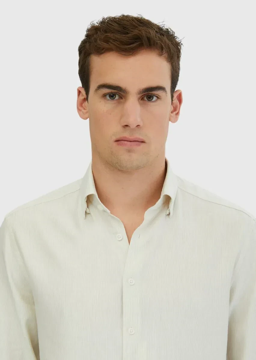 Ecru Striped Casual Fit Weaving Casual Cotton Blended Shirt - 2