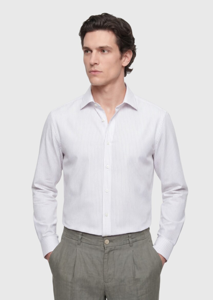 Ecru Striped Casual Fit Weaving Casual Cotton Blended Shirt - RAMSEY