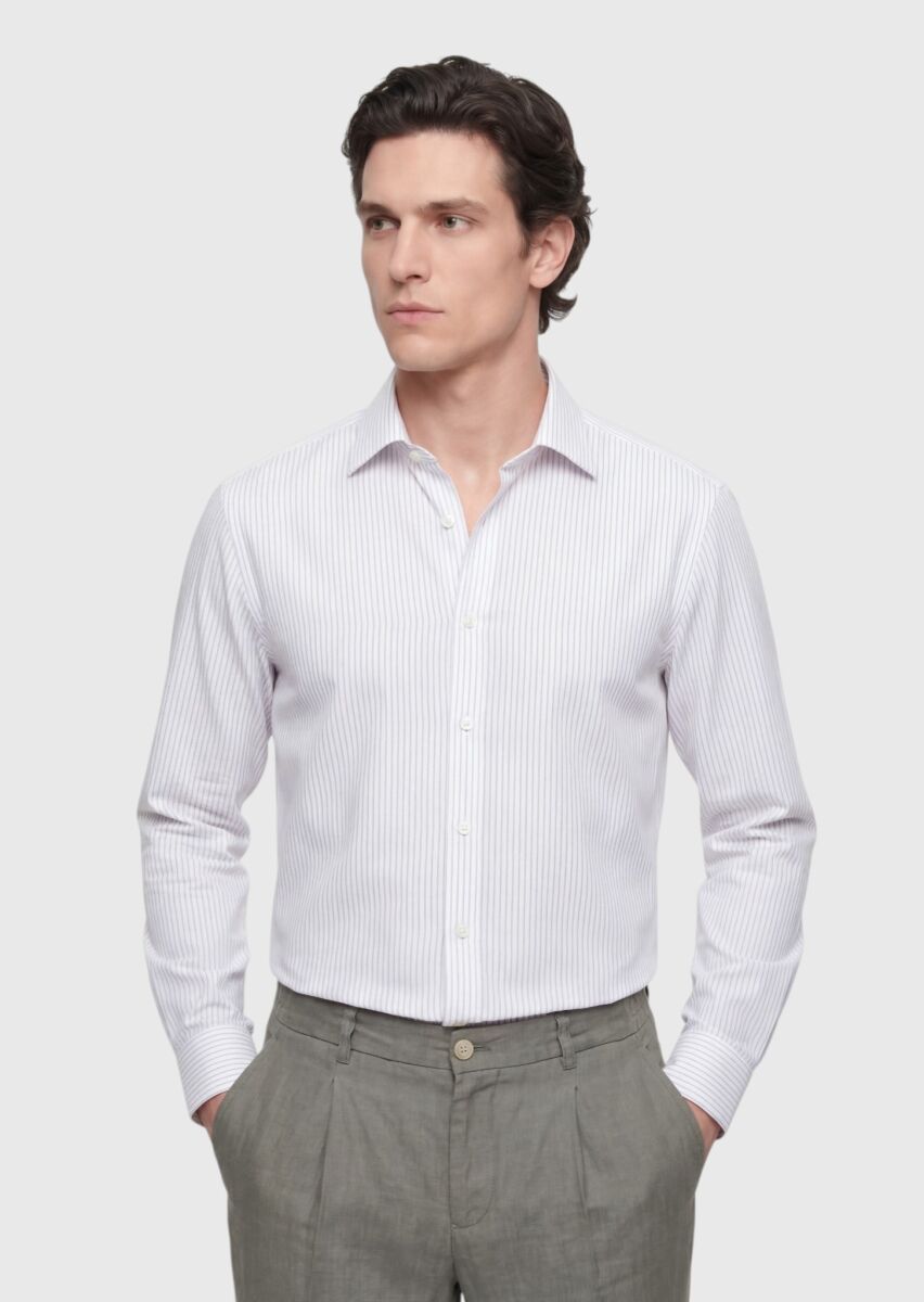 Ecru Striped Casual Fit Weaving Casual Cotton Blended Shirt - 2