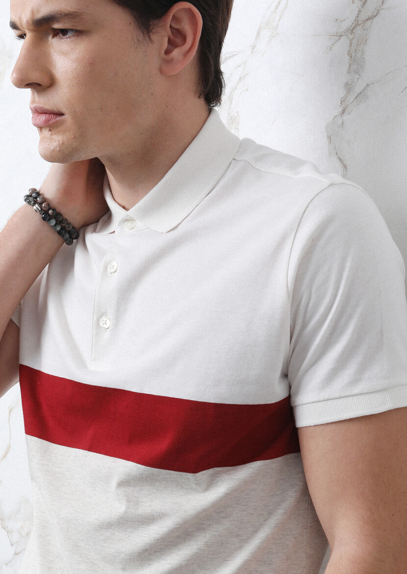 Ecru Striped Polo Neck 100% Cotton T-Shirt - 3