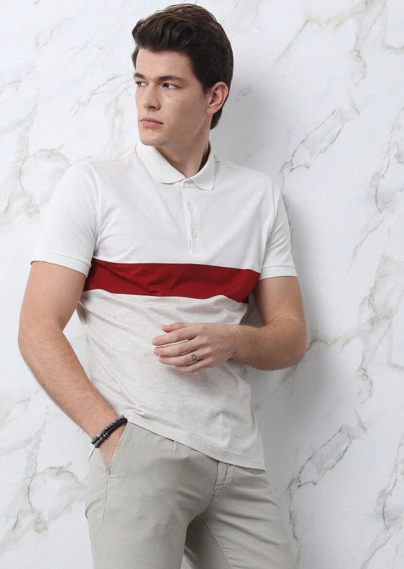 Ecru Striped Polo Neck 100% Cotton T-Shirt - 1