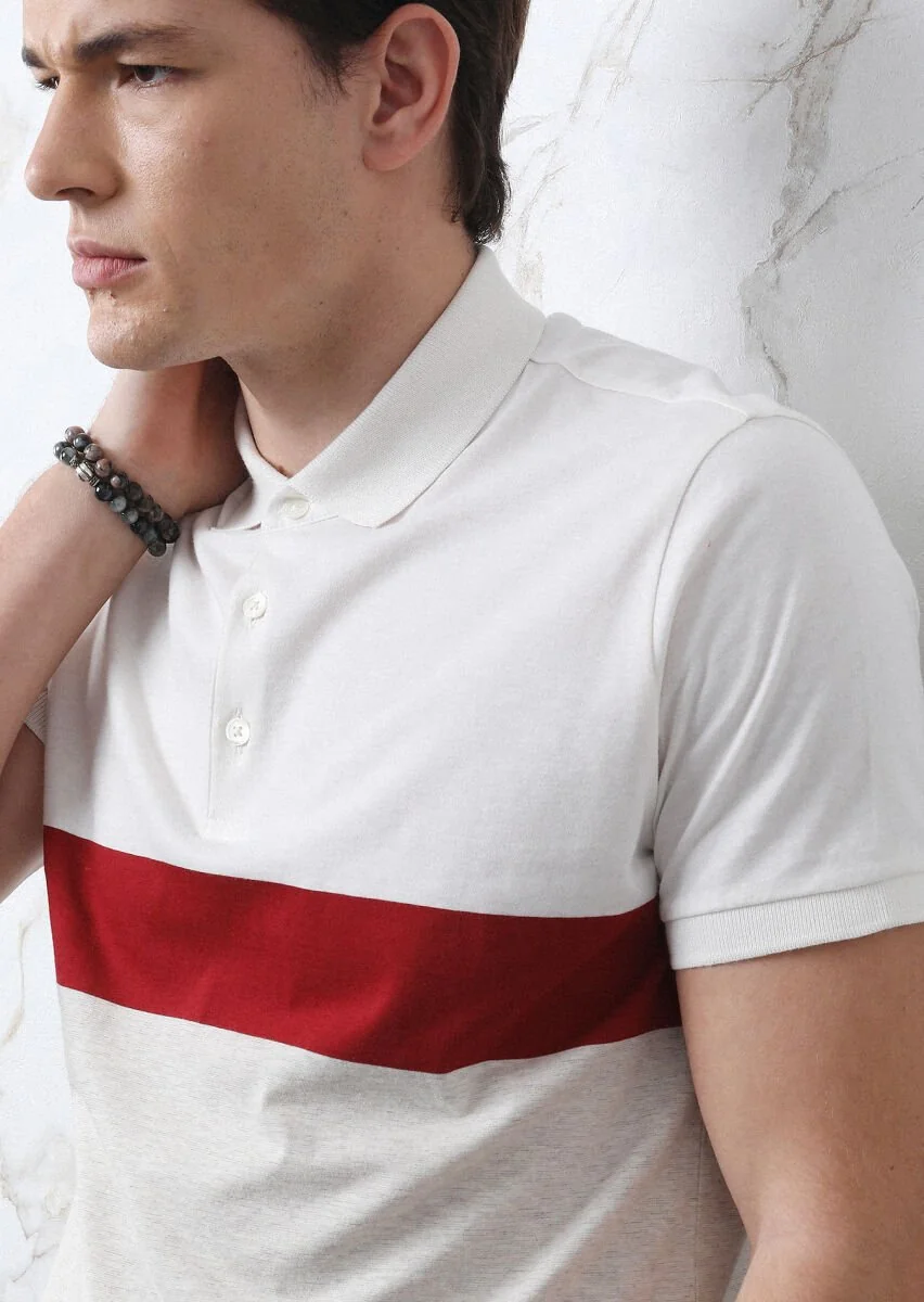 Ecru Striped Polo Neck 100% Cotton T-Shirt - 3