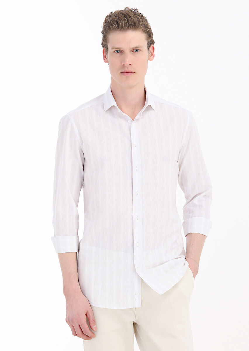 Ecru Striped Regular Fit Weaving Casual Cotton Blended Shirt - 2