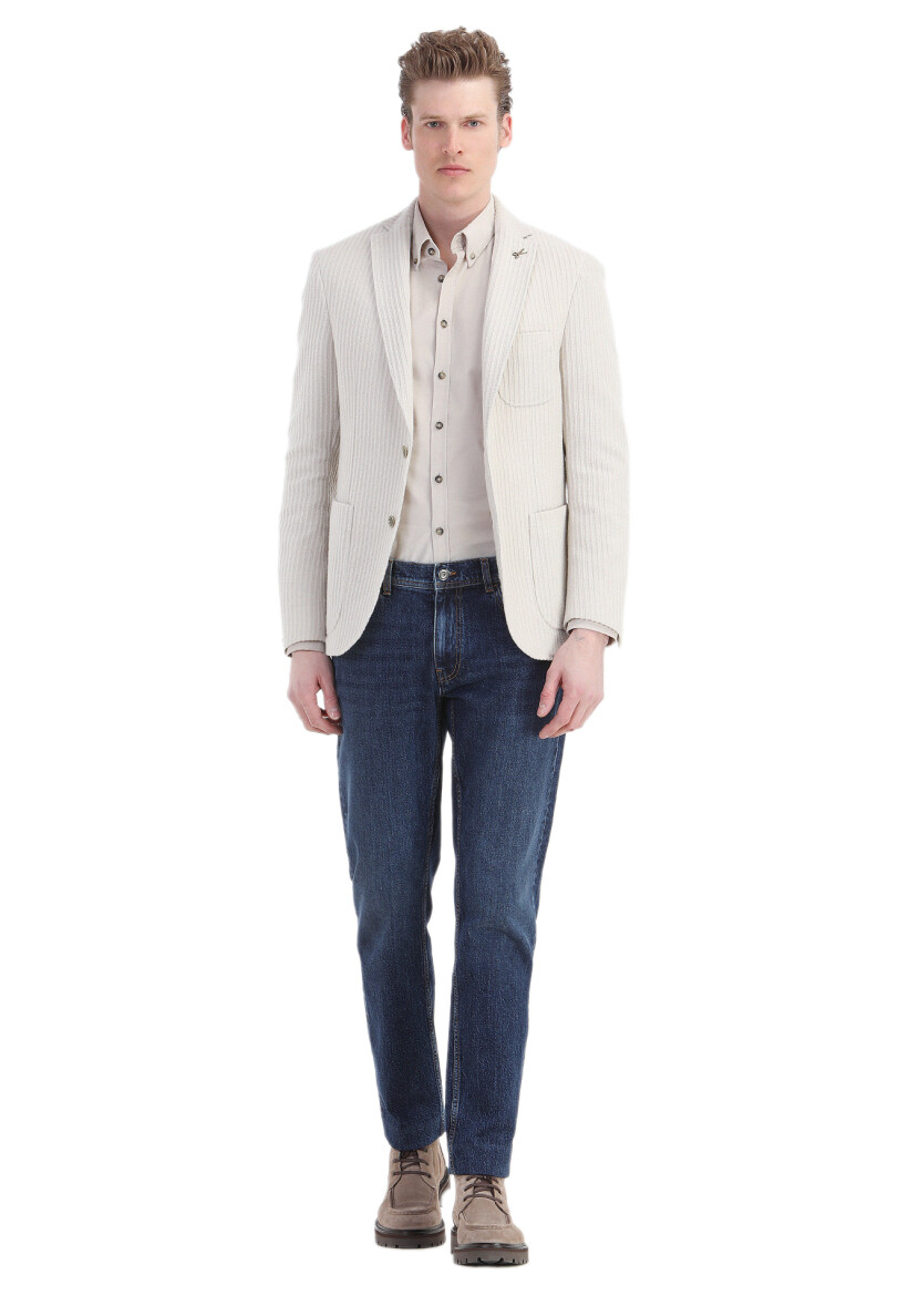 Ecru Striped Shirt Shoulder Slim Fit Wool Blended Jacket 