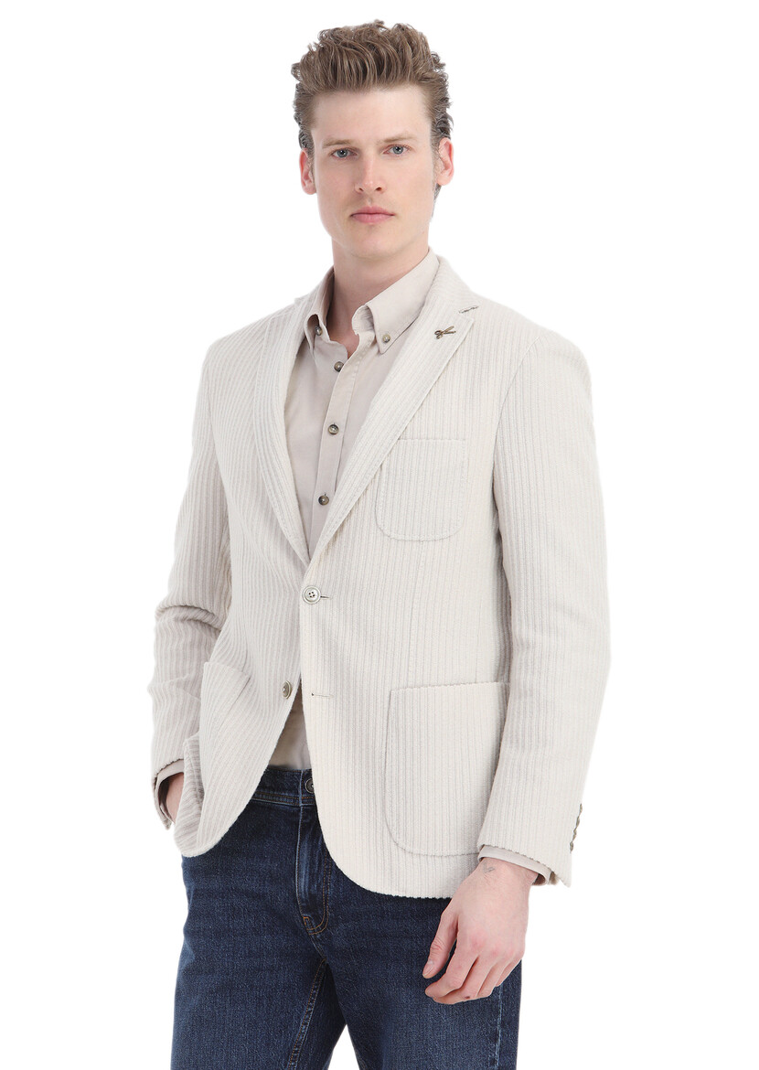 Ecru Striped Shirt Shoulder Slim Fit Wool Blended Jacket - 3