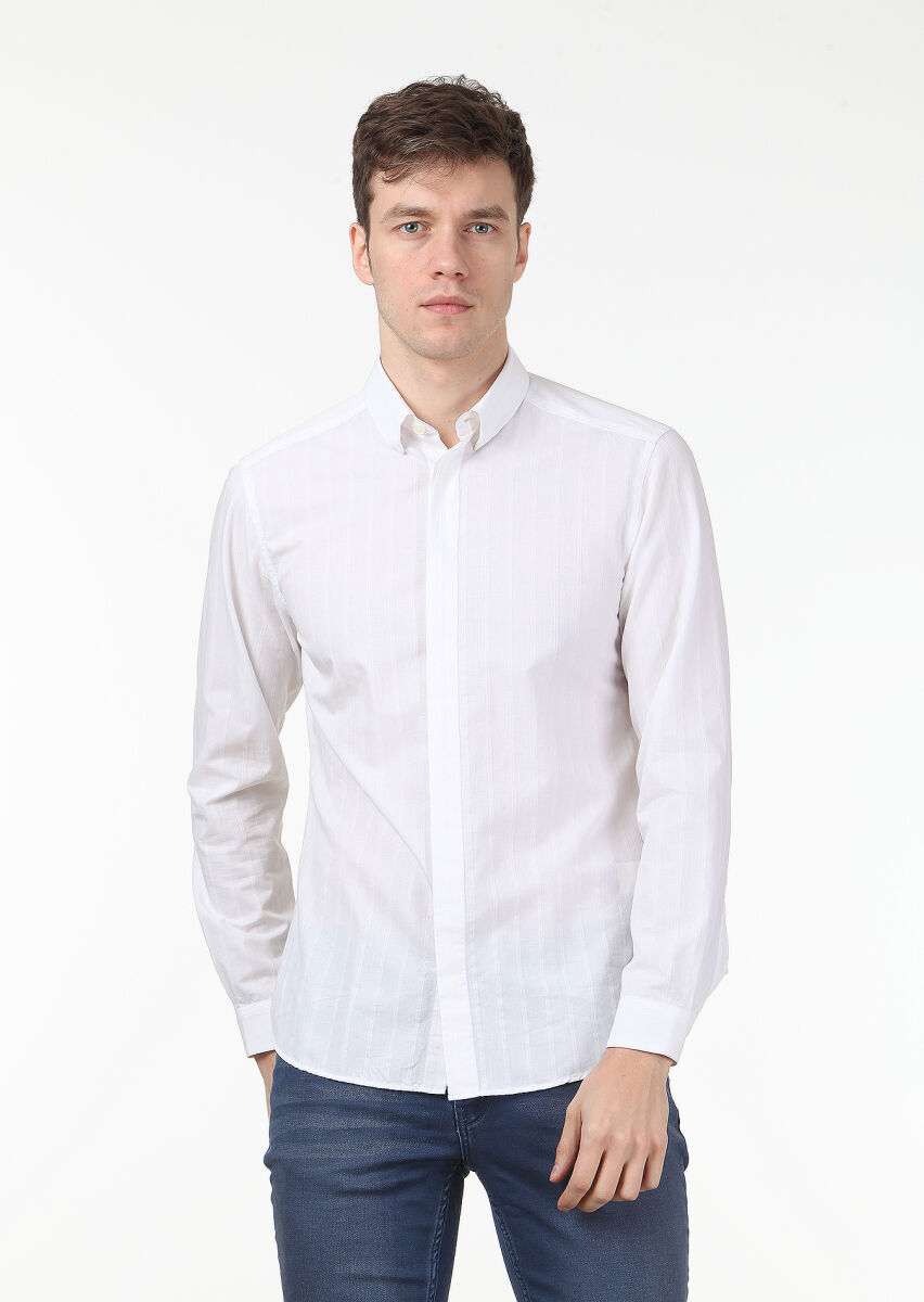 Ecru Striped Slim Fit Long Weaving Casual Cotton Blended Shirt - 1