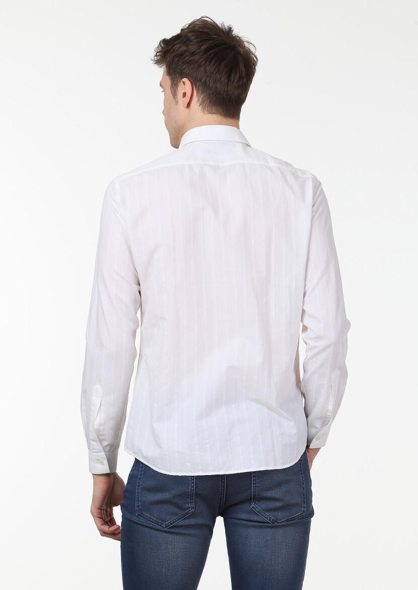 Ecru Striped Slim Fit Long Weaving Casual Cotton Blended Shirt - 4