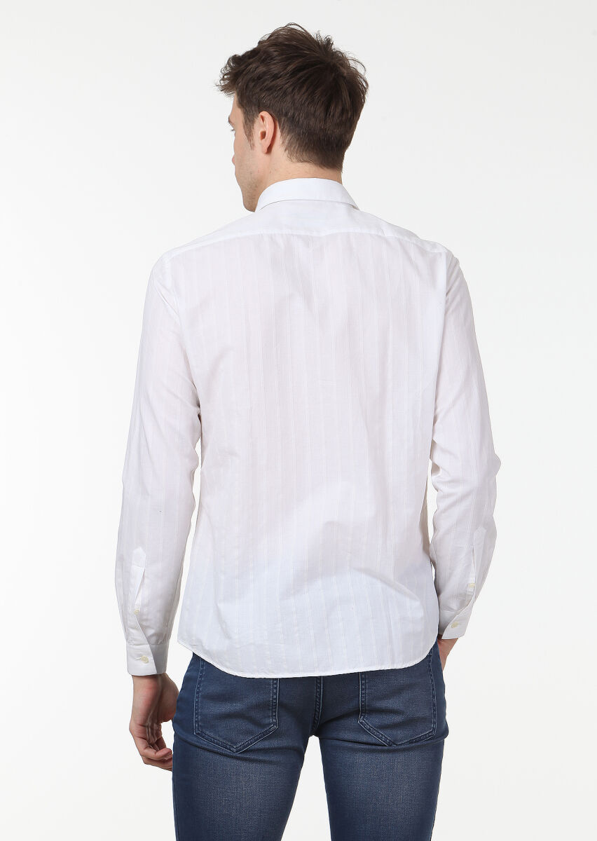 Ecru Striped Slim Fit Long Weaving Casual Cotton Blended Shirt - 4