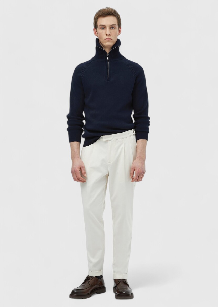 Ecru Weaving Carrot Fit Casual Cotton Blended Trousers - RAMSEY