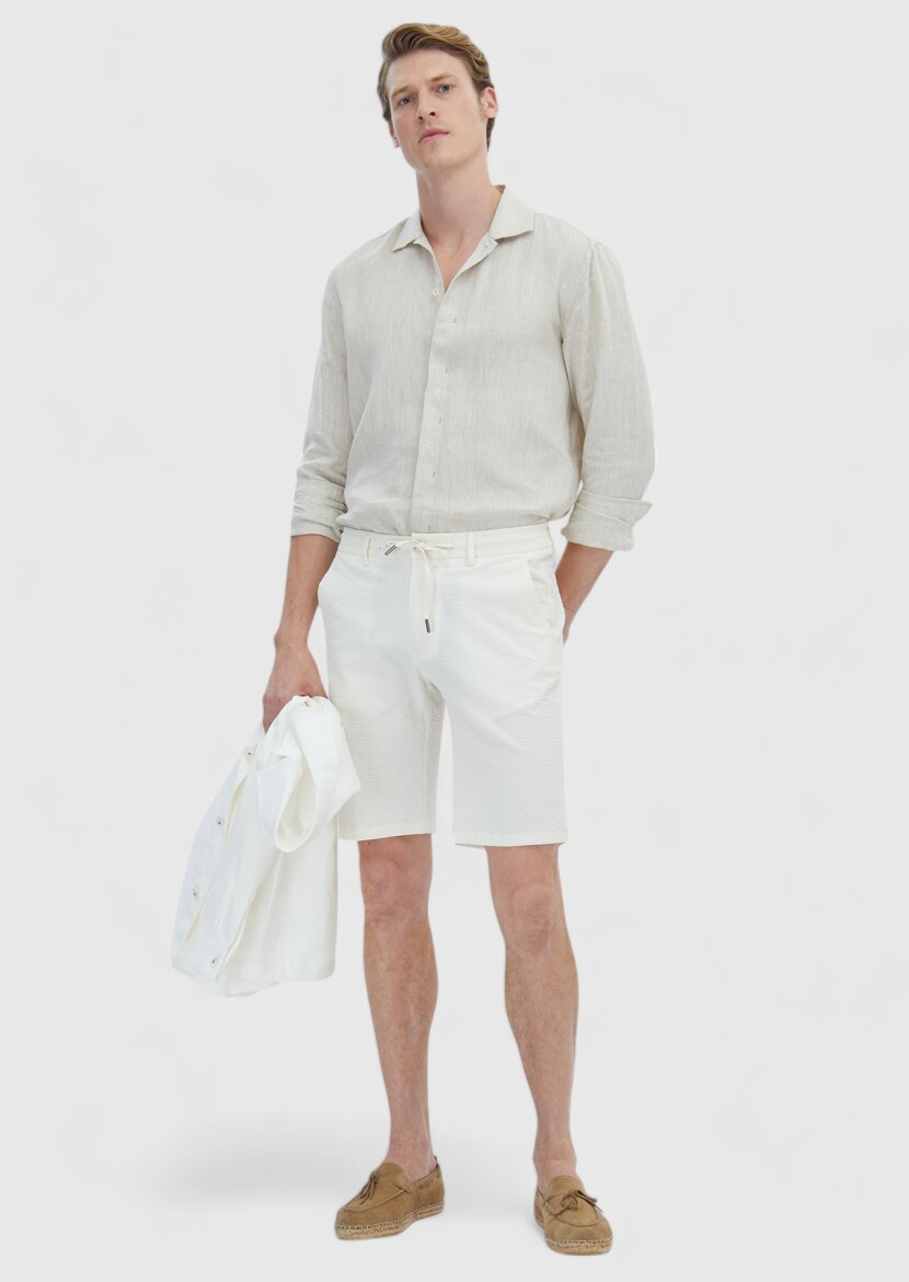 Ecru Weaving Jogging Fit Casual Cotton Blended Bermuda - 1