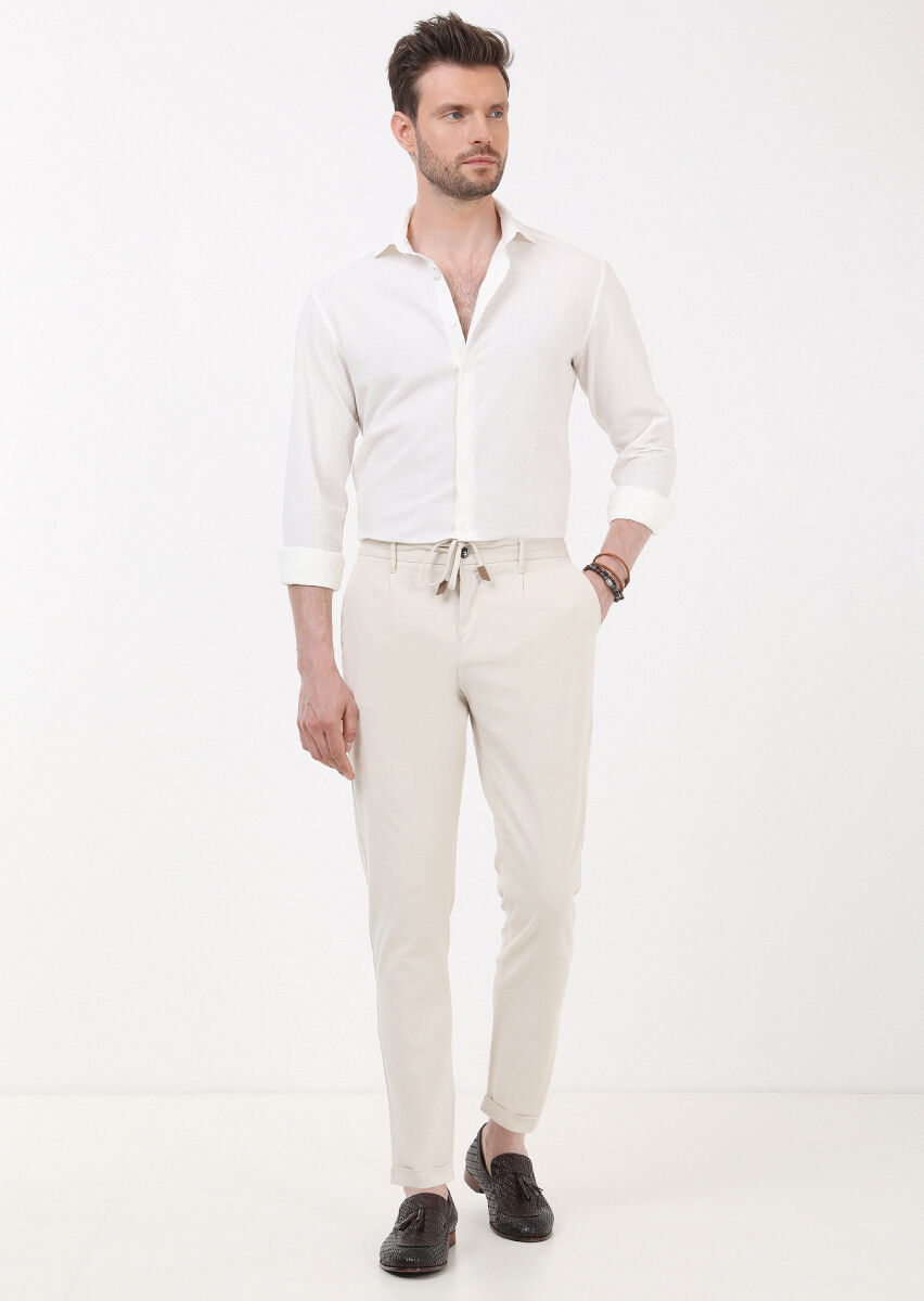 Ecru Weaving Jogging Fit Casual Cotton Blended Trousers - 2