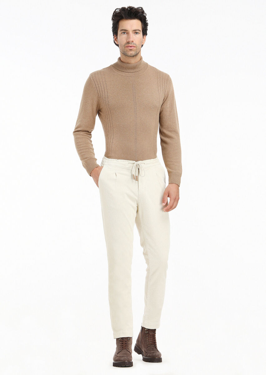 Ecru Weaving Jogging Fit Casual Cotton Blended Trousers - 2