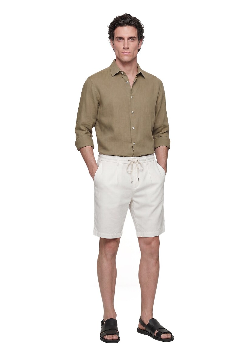 Ecru Weaving Jogging Fit Casual Linen Blended Bermuda - 1