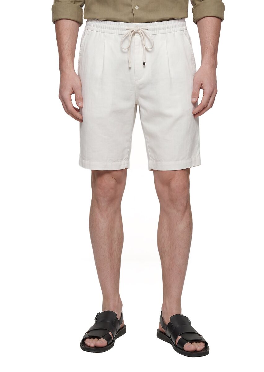 Ecru Weaving Jogging Fit Casual Linen Blended Bermuda - 2