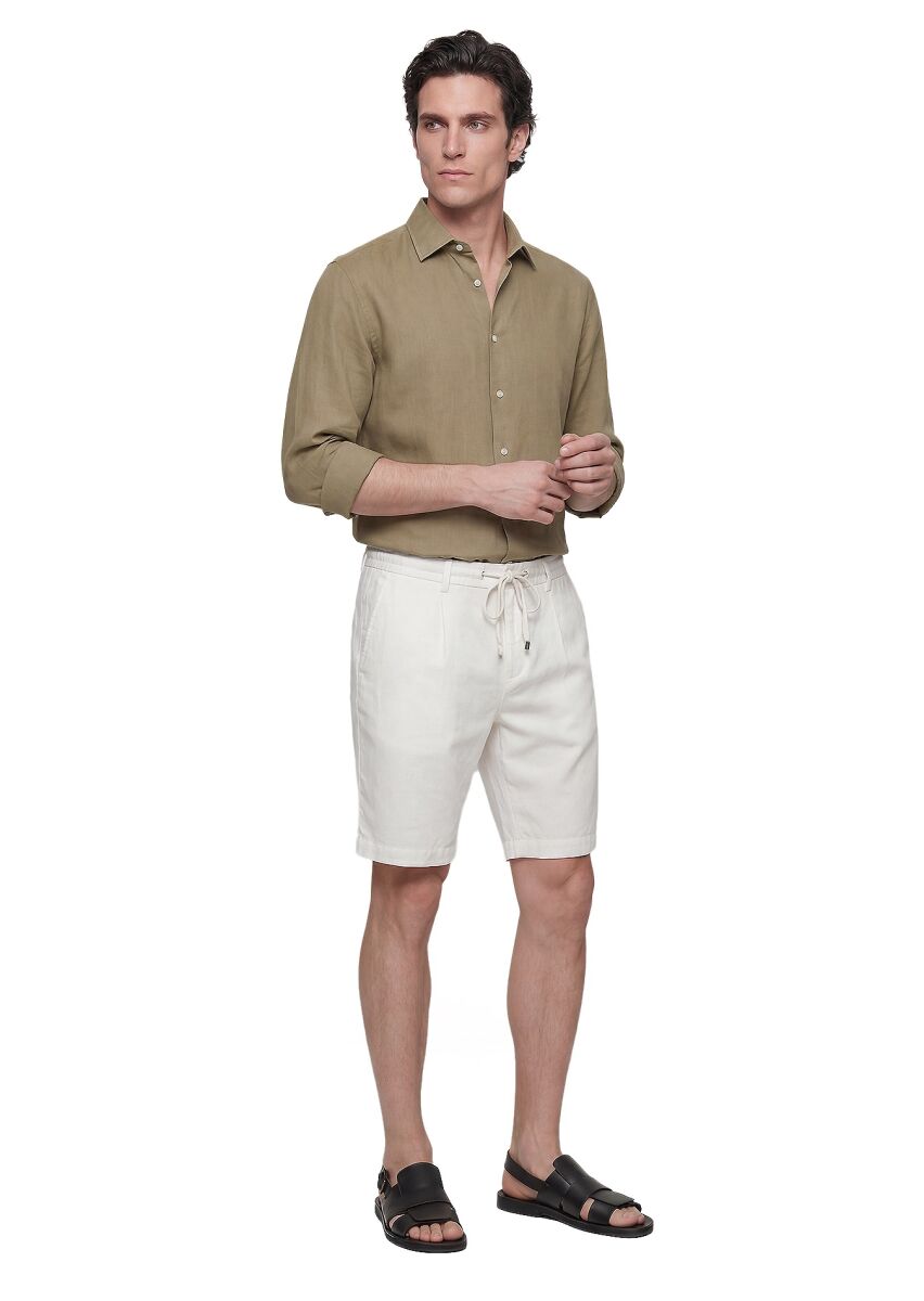 Ecru Weaving Jogging Fit Casual Linen Blended Bermuda - 3