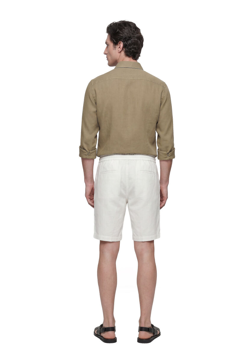 Ecru Weaving Jogging Fit Casual Linen Blended Bermuda - 4