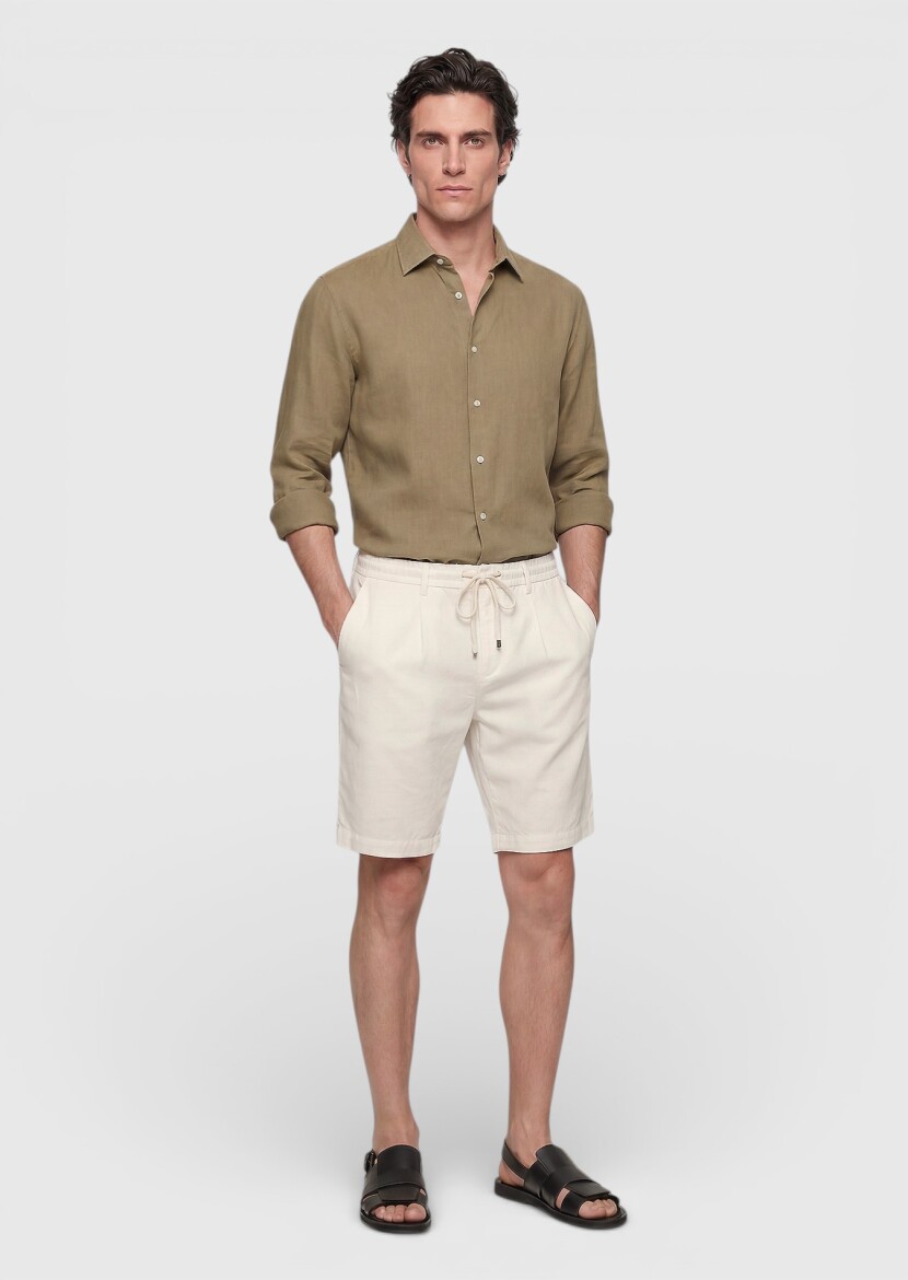 Ecru Weaving Jogging Fit Casual Linen Blended Bermuda - RAMSEY