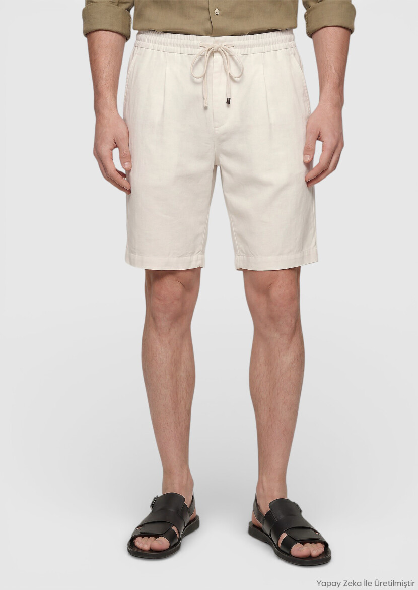 Ecru Weaving Jogging Fit Casual Linen Blended Bermuda - RAMSEY