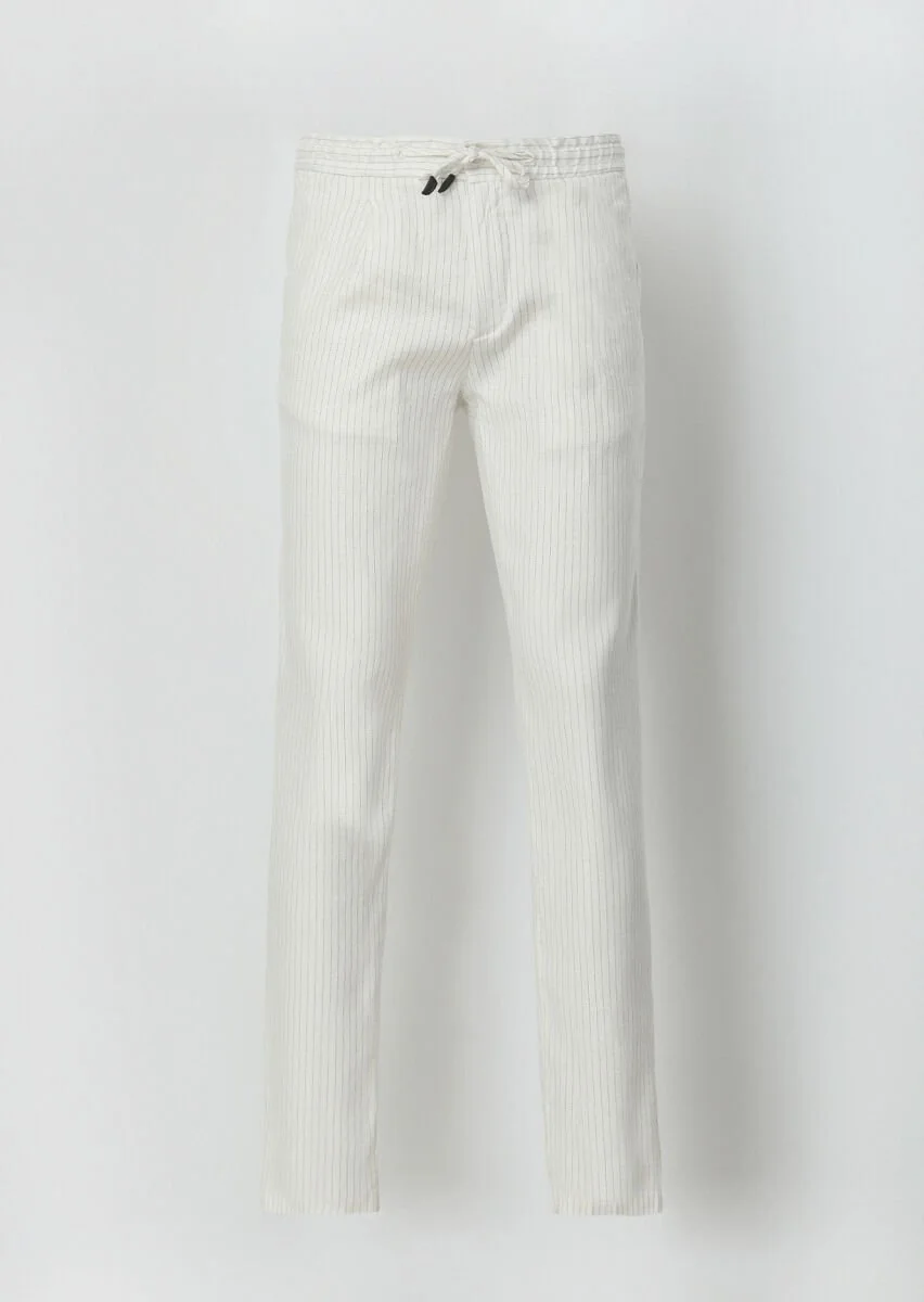 Ecru Weaving Jogging Fit Casual Linen Blended Trousers - 5