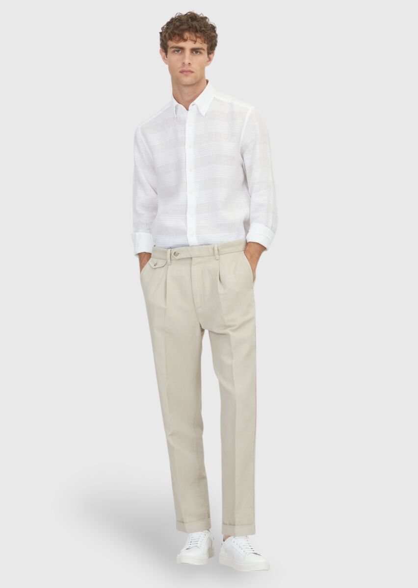 Ecru Weaving Relaxed Fit Casual Cotton Blended Trousers - 1