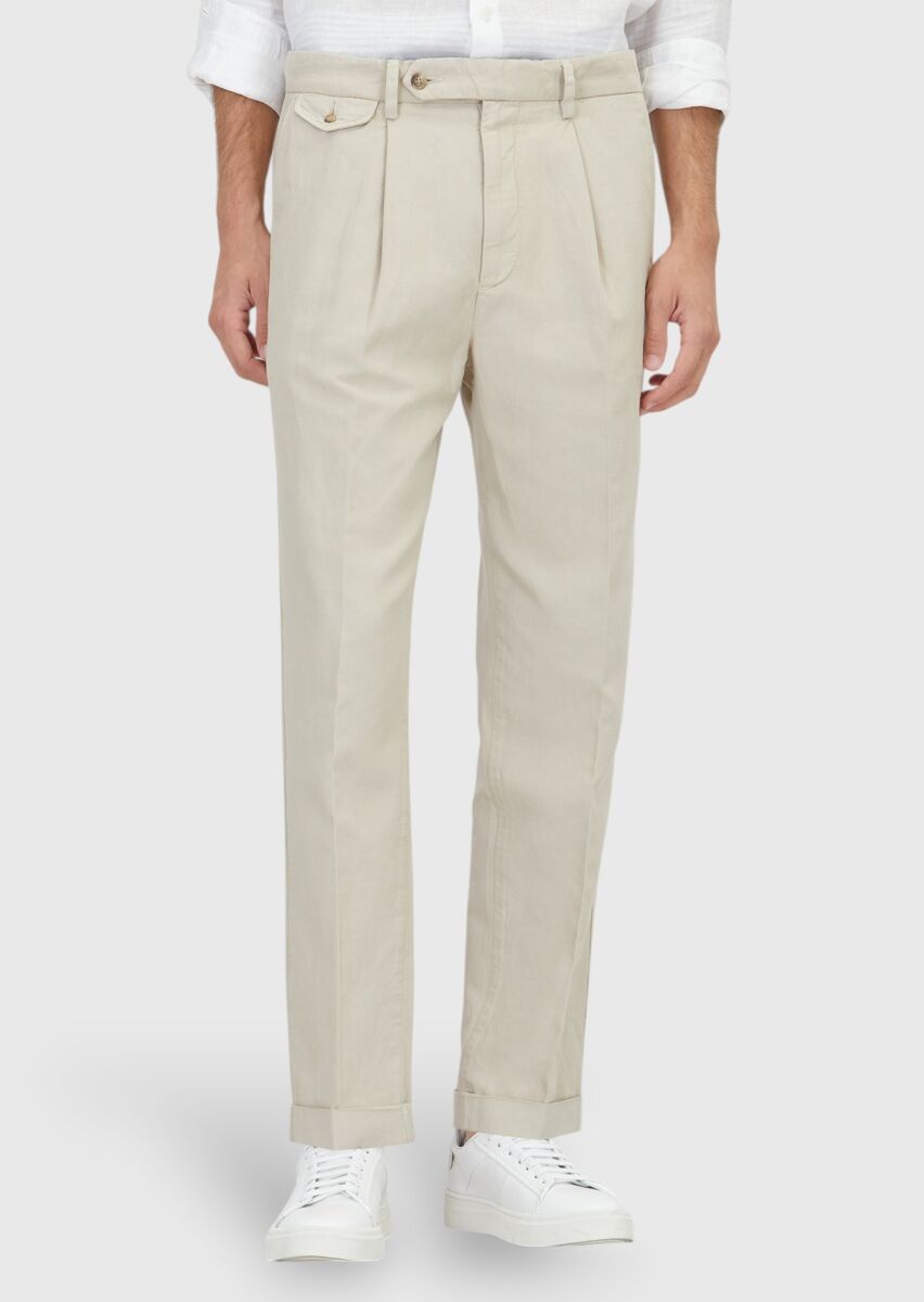 Ecru Weaving Relaxed Fit Casual Cotton Blended Trousers - 2