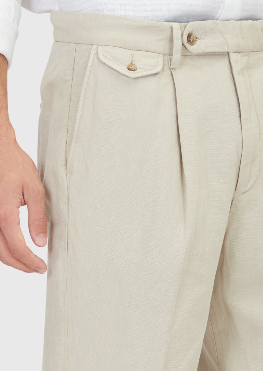 Ecru Weaving Relaxed Fit Casual Cotton Blended Trousers - 3