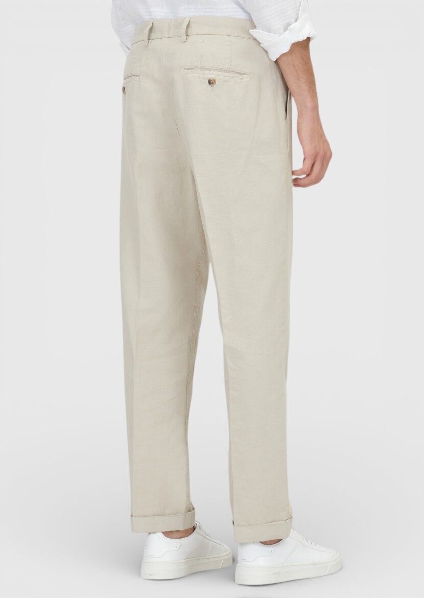 Ecru Weaving Relaxed Fit Casual Cotton Blended Trousers - 4