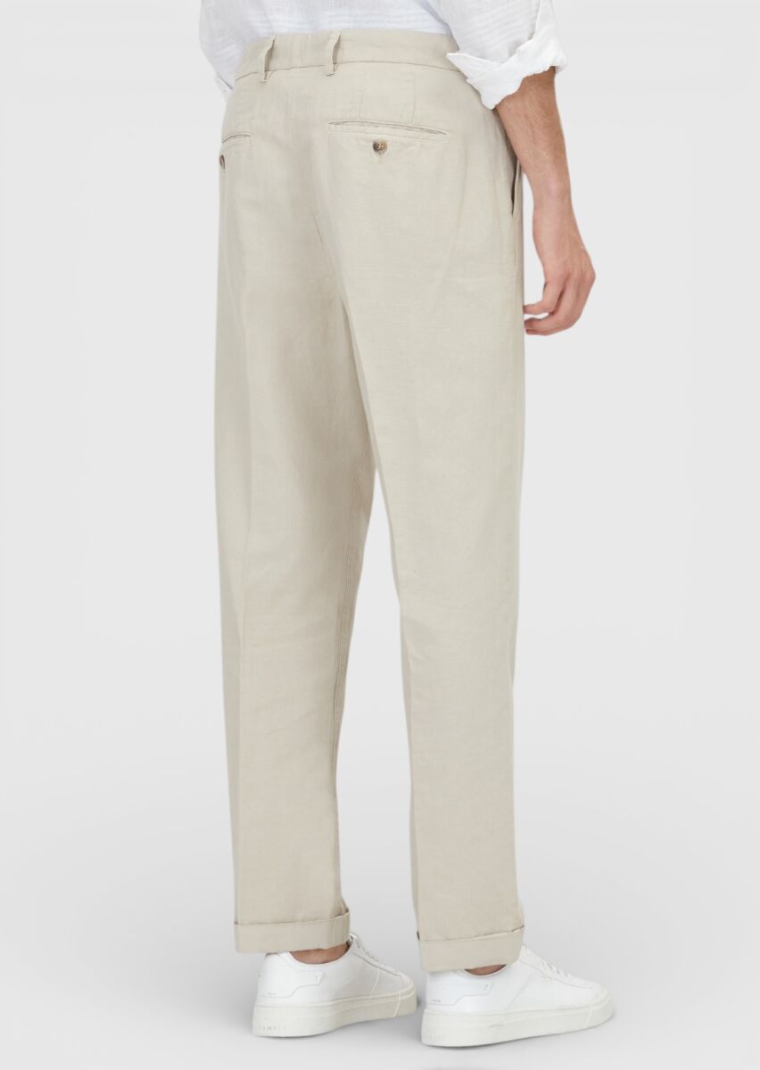 Ecru Weaving Relaxed Fit Casual Cotton Blended Trousers - 4