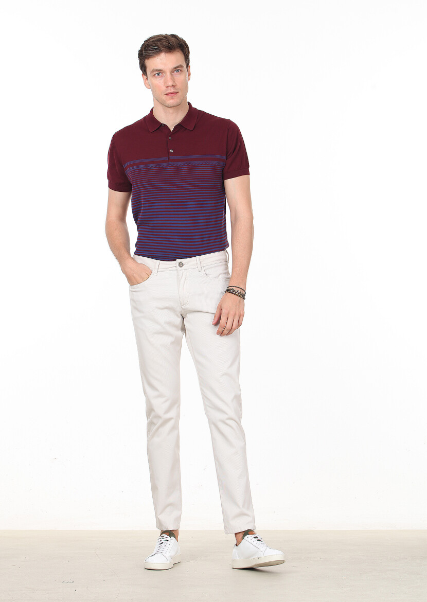 Ecru Weaving Slim Fit Casual 100% Cotton Trousers - 1