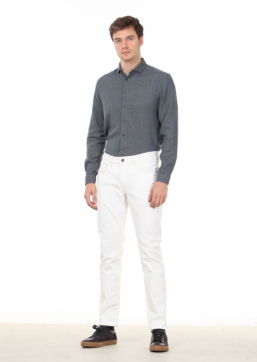 Ecru Weaving Slim Fit Casual Cotton Blended Trousers - 1