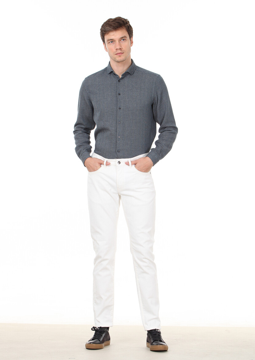 Ecru Weaving Slim Fit Casual Cotton Blended Trousers - 2