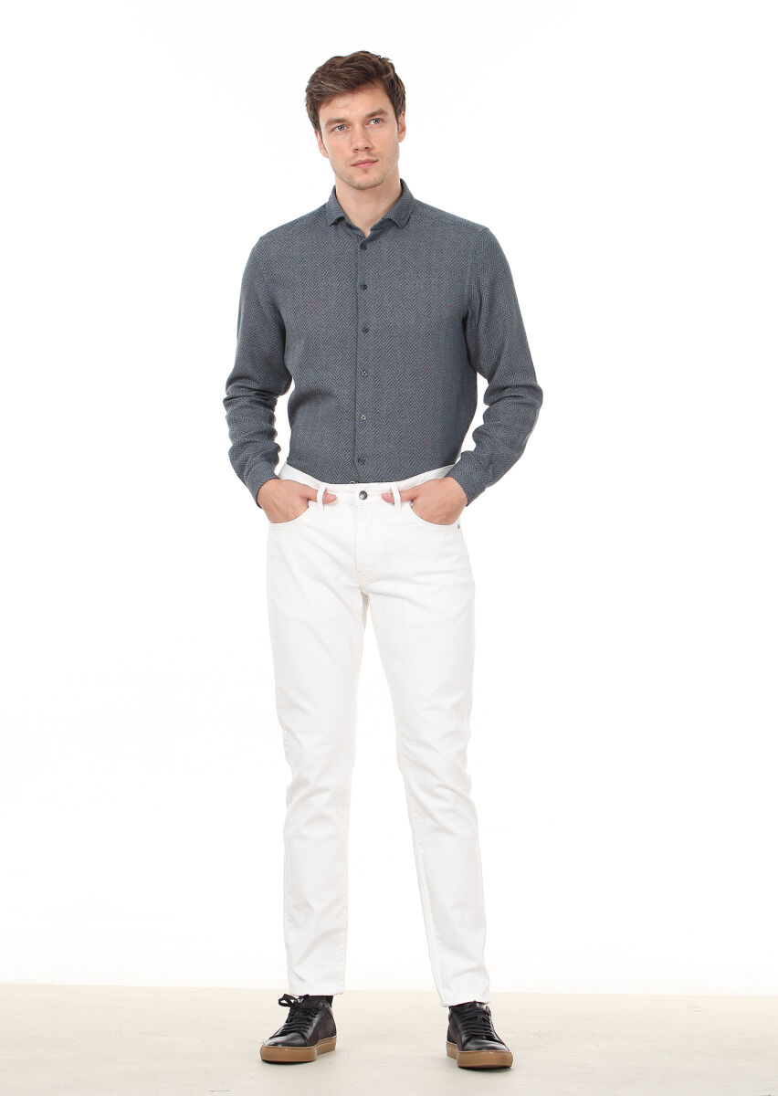 Ecru Weaving Slim Fit Casual Cotton Blended Trousers - 2