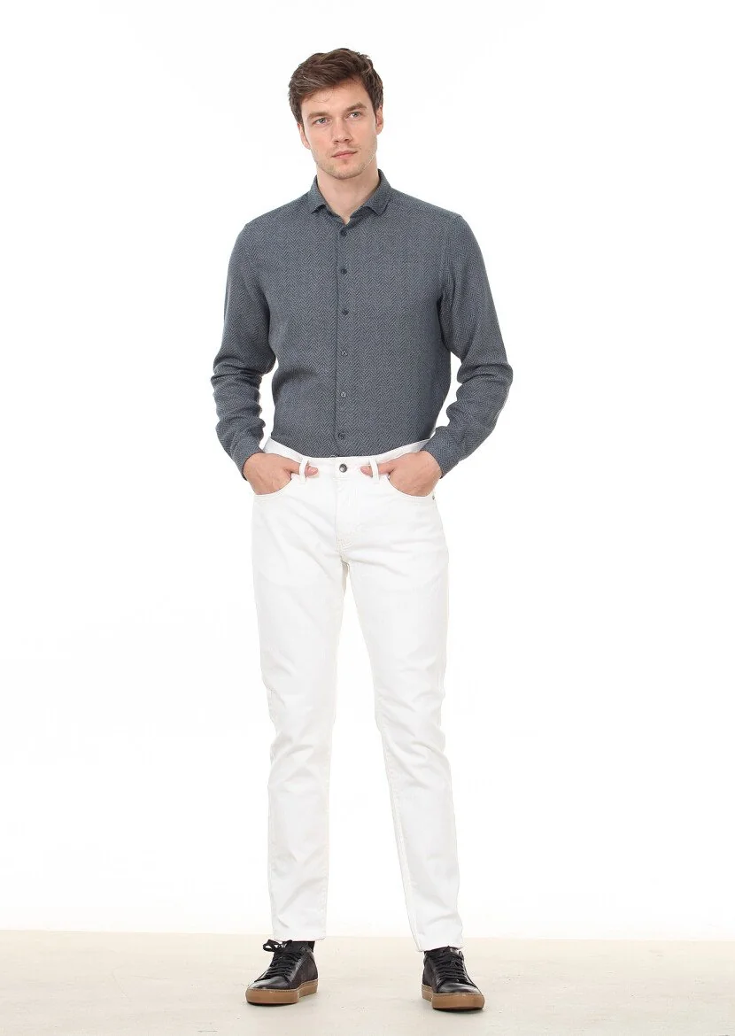 Ecru Weaving Slim Fit Casual Cotton Blended Trousers - 3