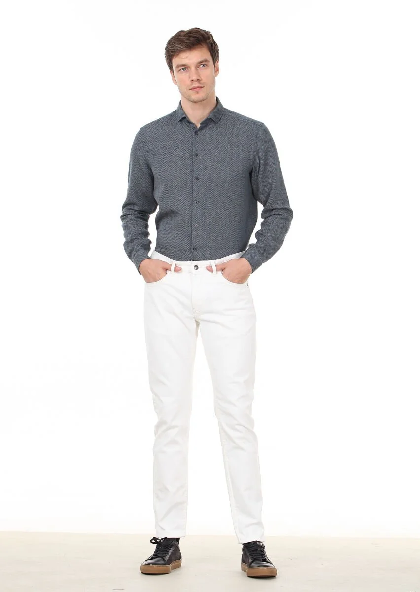 Ecru Weaving Slim Fit Casual Cotton Blended Trousers - 3