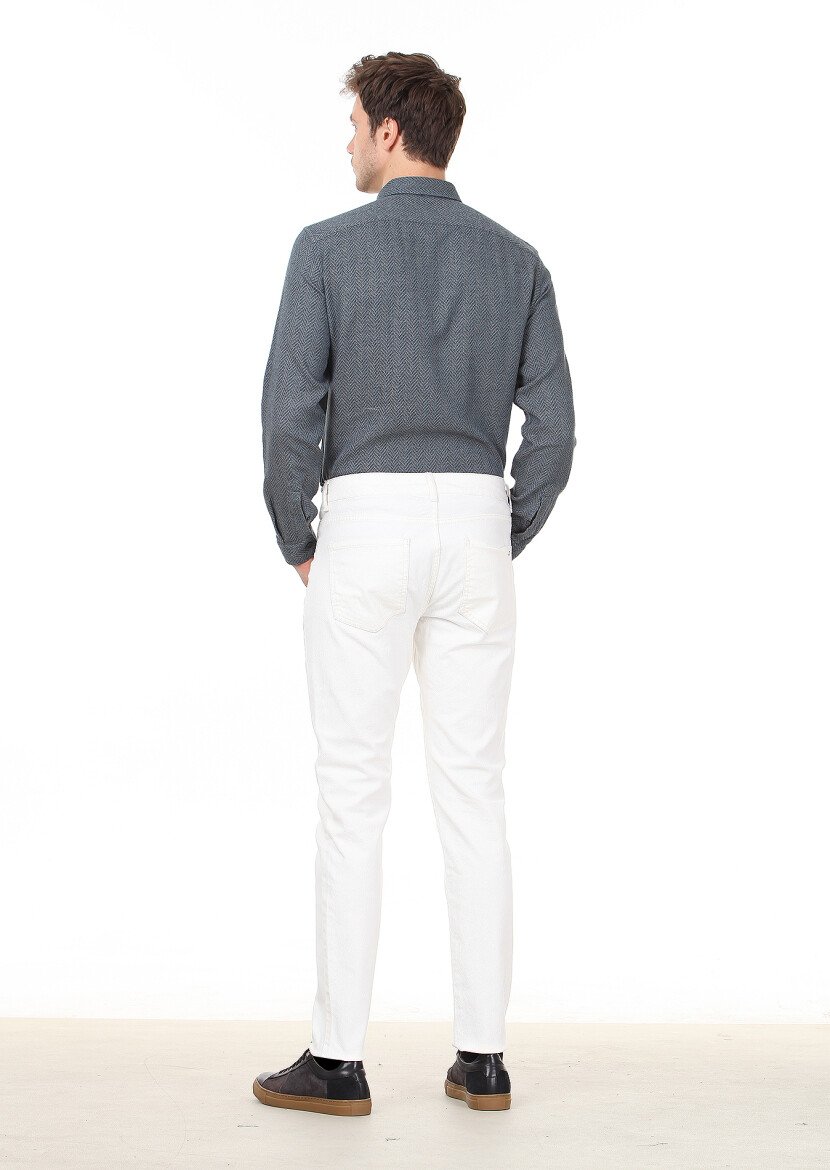 Ecru Weaving Slim Fit Casual Cotton Blended Trousers - 4