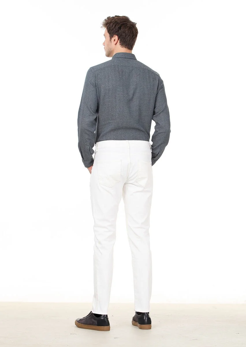 Ecru Weaving Slim Fit Casual Cotton Blended Trousers - 4