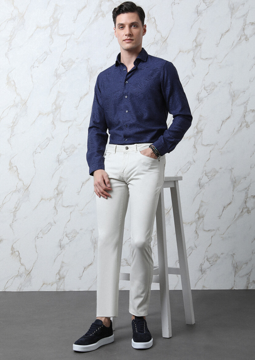 Ecru Weaving Slim Fit Casual Cotton Blended Trousers - 1