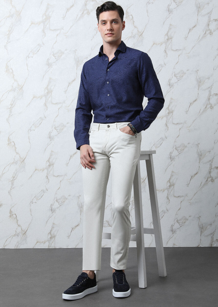 Ecru Weaving Slim Fit Casual Cotton Blended Trousers - 1