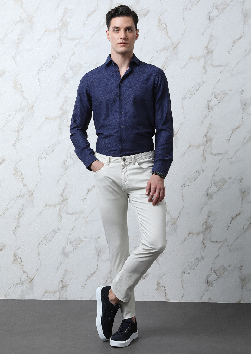 Ecru Weaving Slim Fit Casual Cotton Blended Trousers - 3