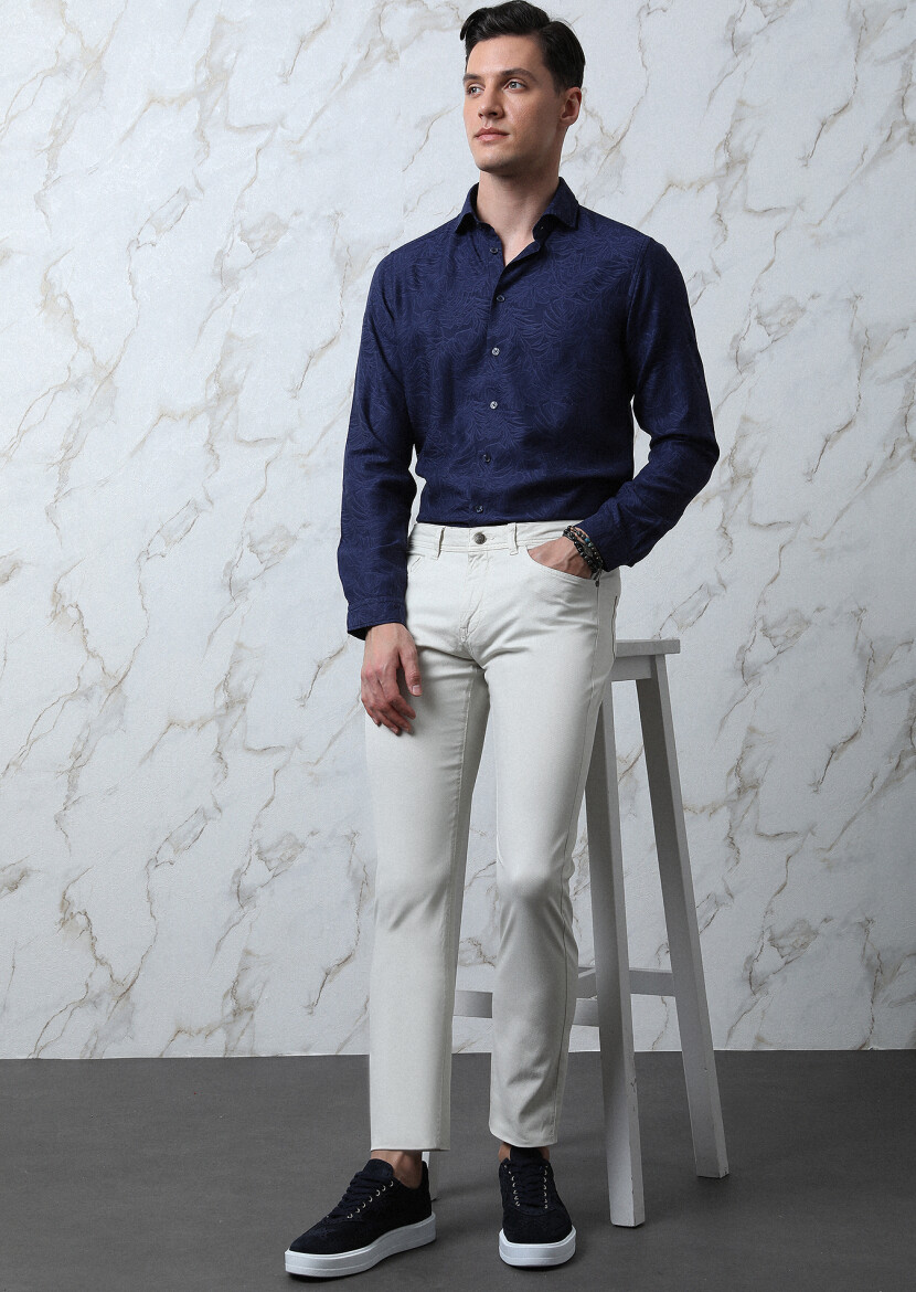 Ecru Weaving Slim Fit Casual Cotton Blended Trousers - 4