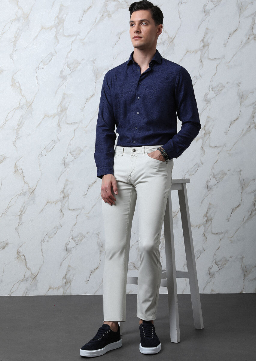 Ecru Weaving Slim Fit Casual Cotton Blended Trousers - 4