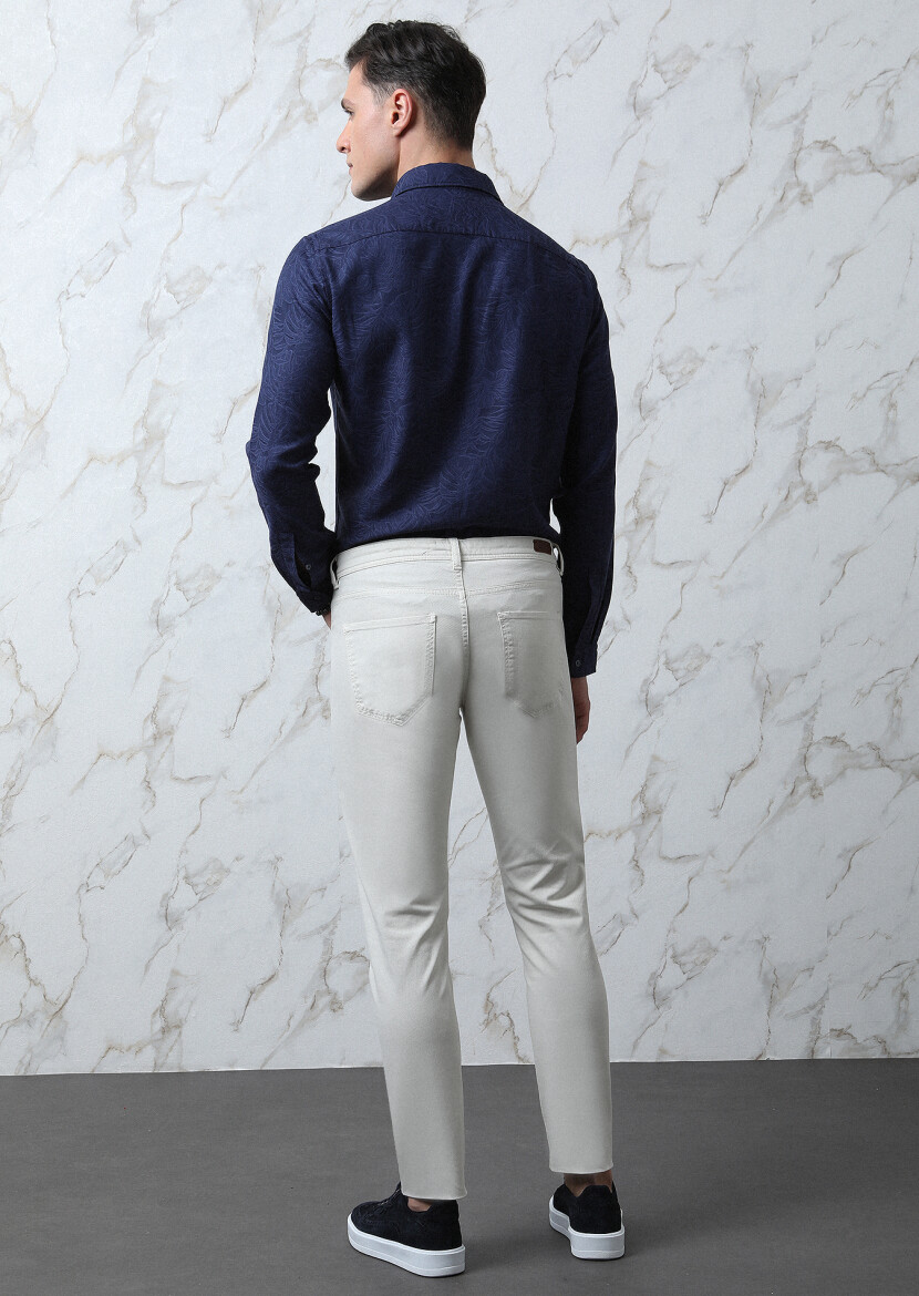 Ecru Weaving Slim Fit Casual Cotton Blended Trousers - 5