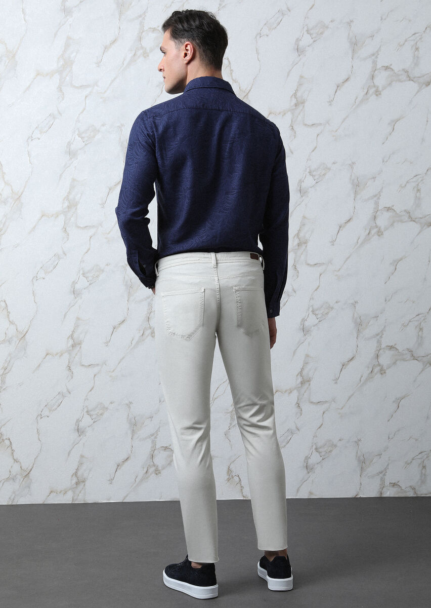 Ecru Weaving Slim Fit Casual Cotton Blended Trousers - 5