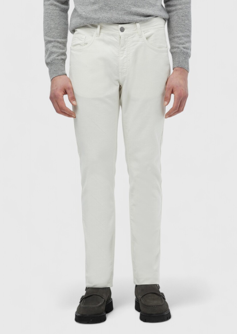 Ecru Weaving Slim Fit Casual Cotton Blended Trousers - RAMSEY