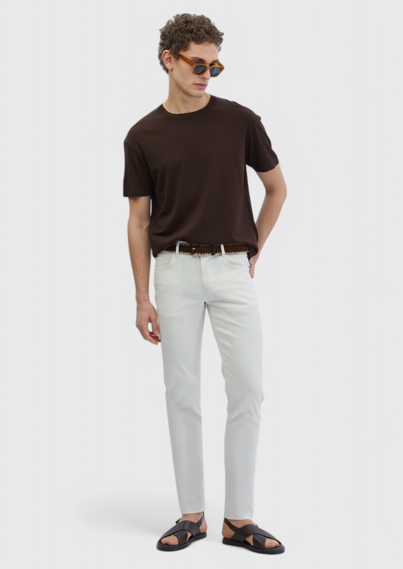 Ecru Weaving Slim Fit Casual Cotton Blended Trousers - RAMSEY