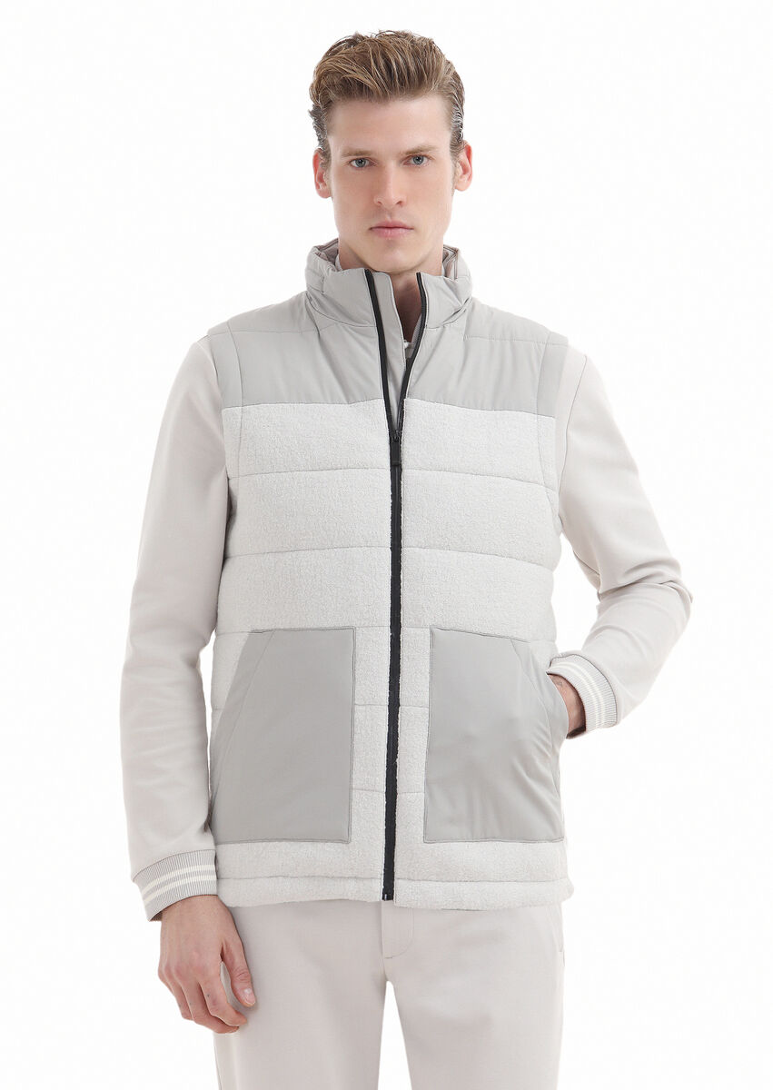 Ecru Wool Blended Weaving Puffer Vest - 1