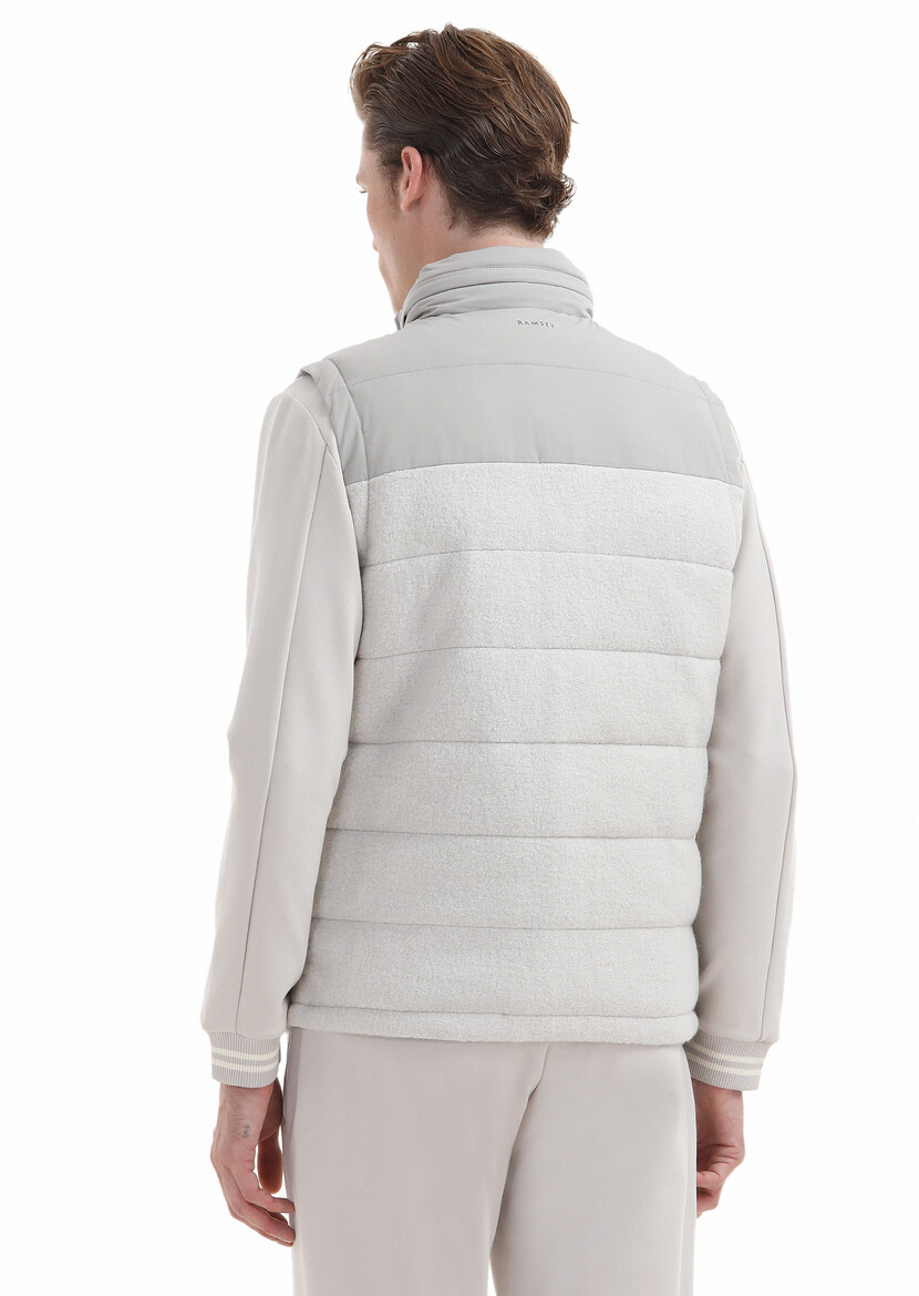 Ecru Wool Blended Weaving Puffer Vest - 5