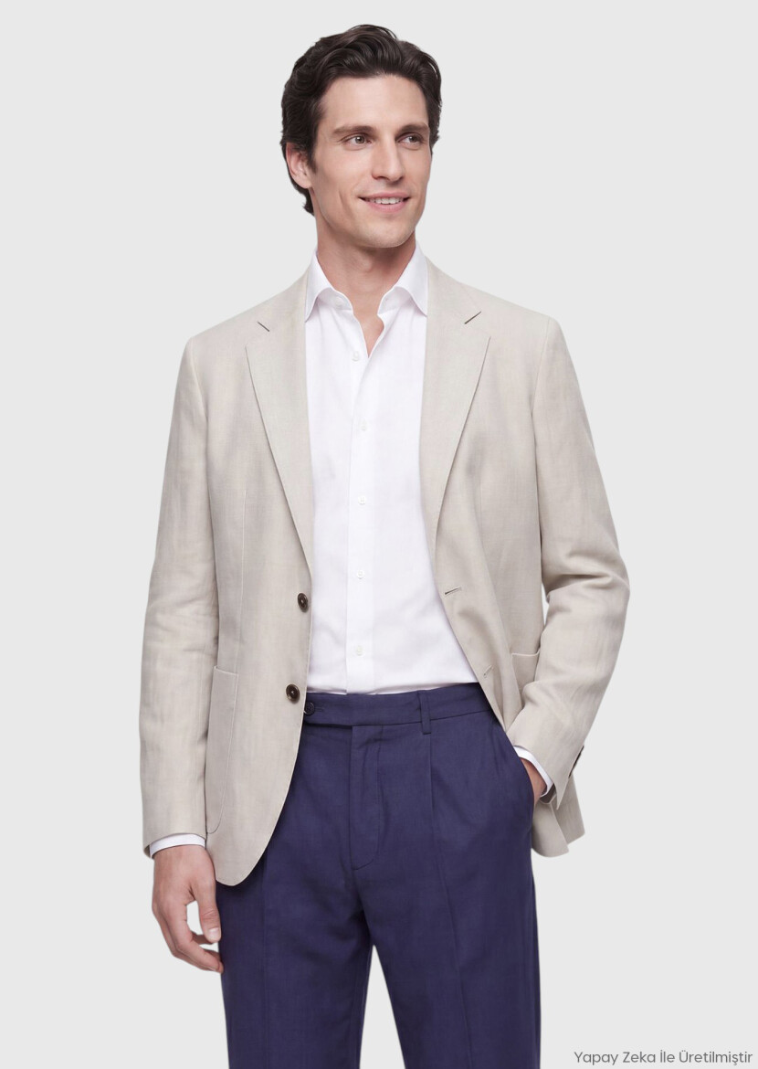 Ecru Zeroweight Slim Fit 100% Linen Jacket - RAMSEY