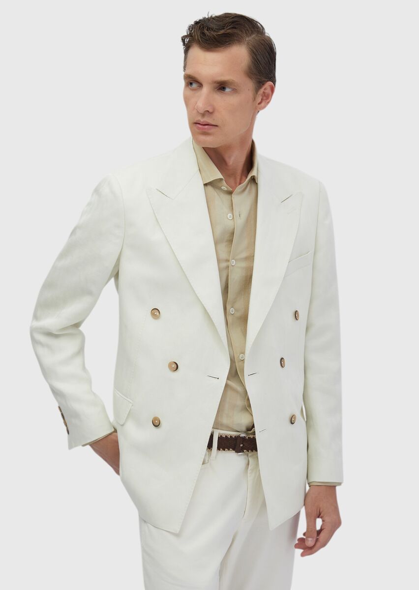 Ecru Zeroweight Slim Fit Linen Blended Jacket - 4