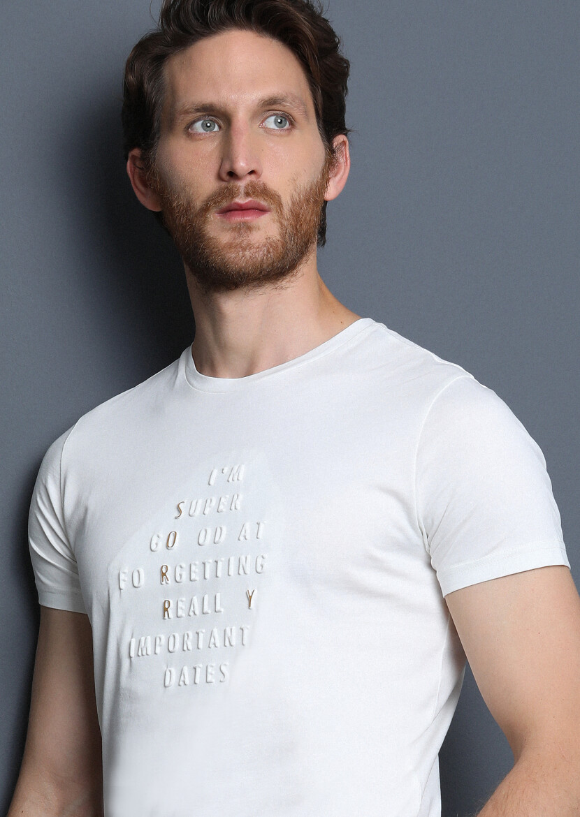 Ekru Baskılı %100 Pamuk T-Shirt - 2